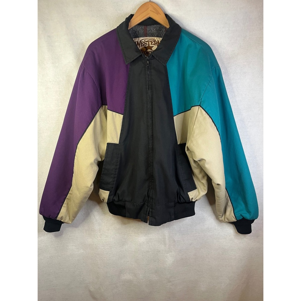 Vintage Western Frontier Jacket Men's XL Blanket Lined Colorblock Bomber USA